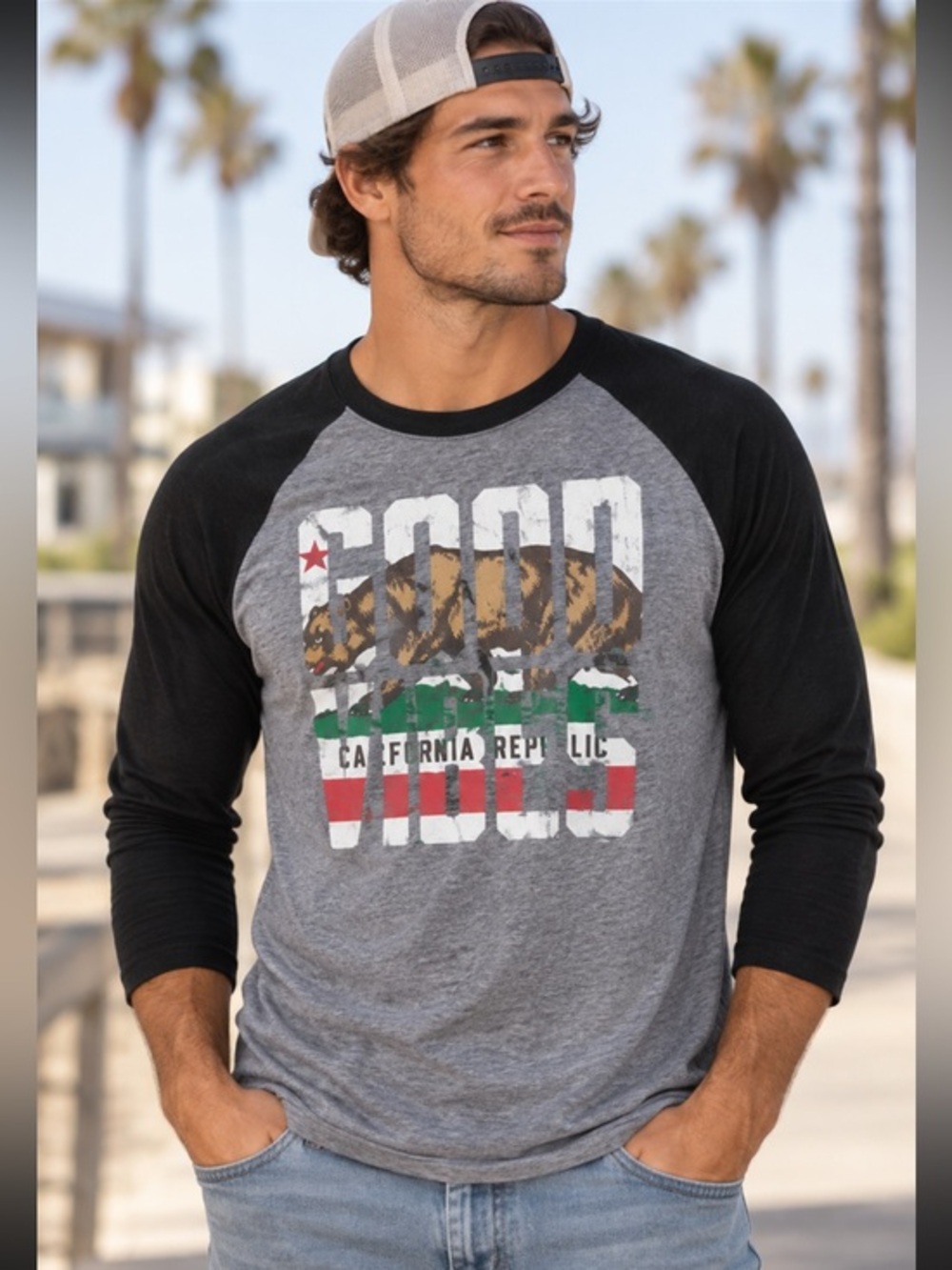 Good Vibes California Republic Bear Raglan Baseball Shirt Size Large 3/4 sleeve